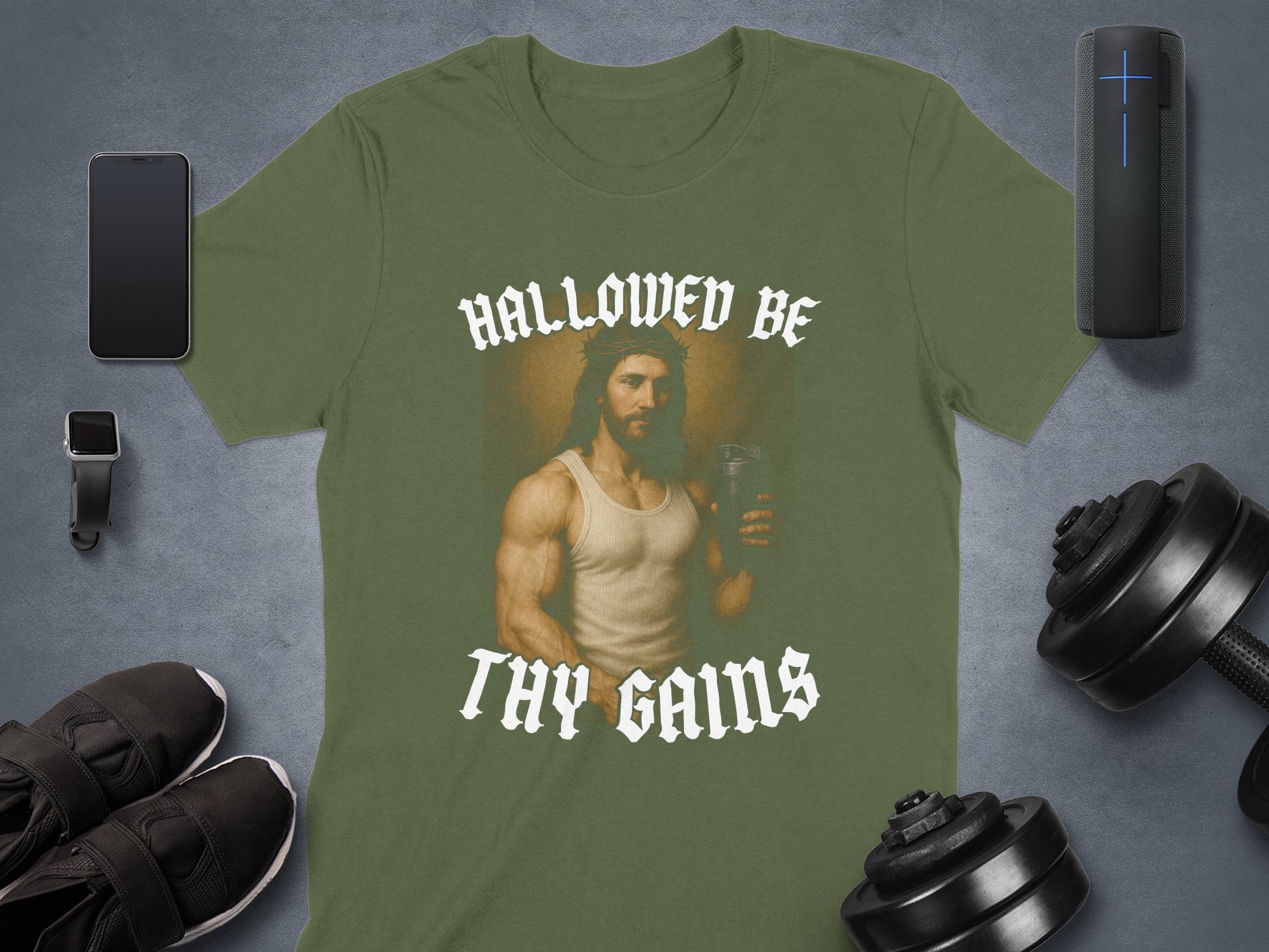 Hallowed Be Thy Gains Graphic Workout Shirt product