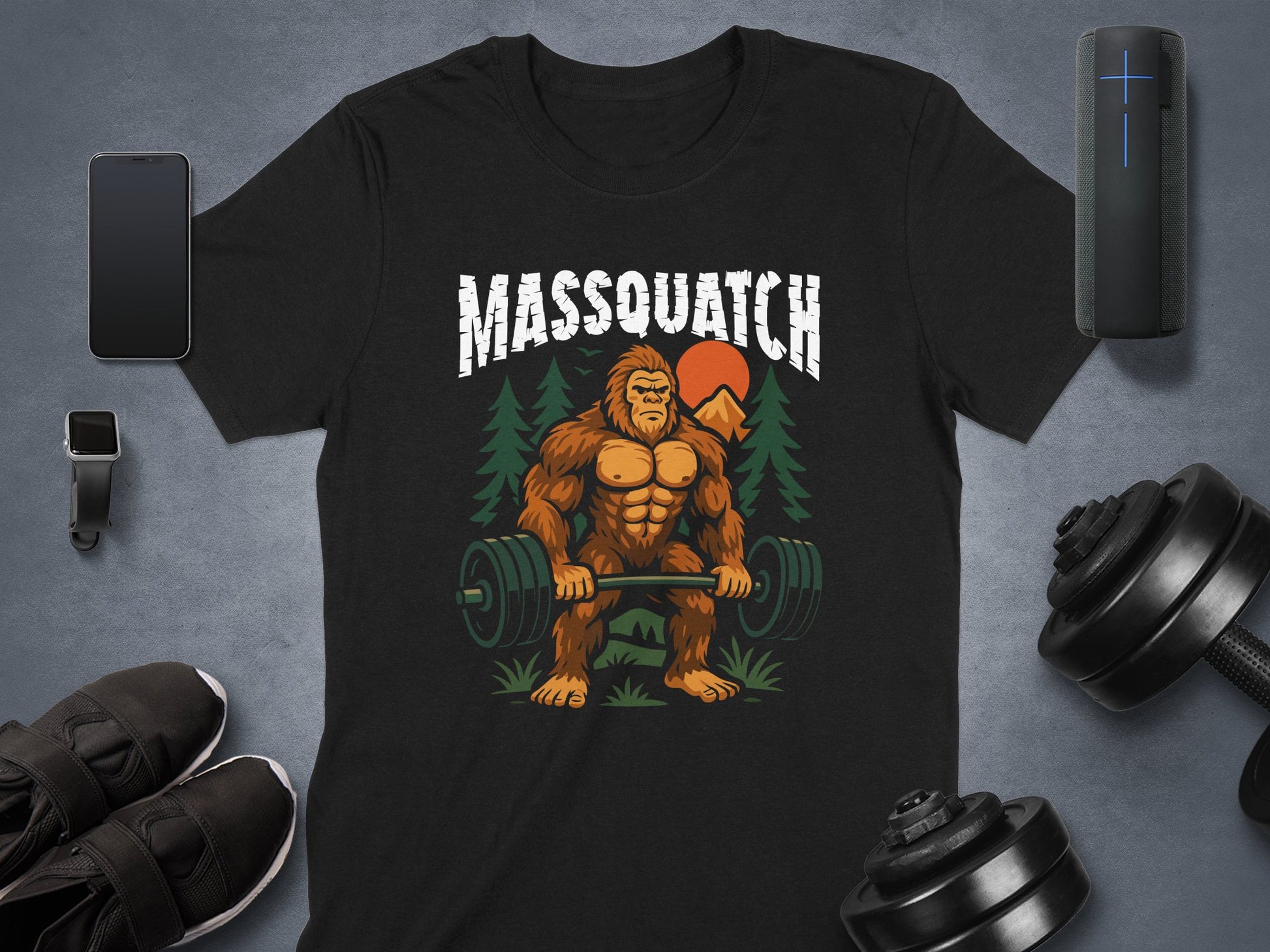 Massquatch graphic workout themed t-shirt product