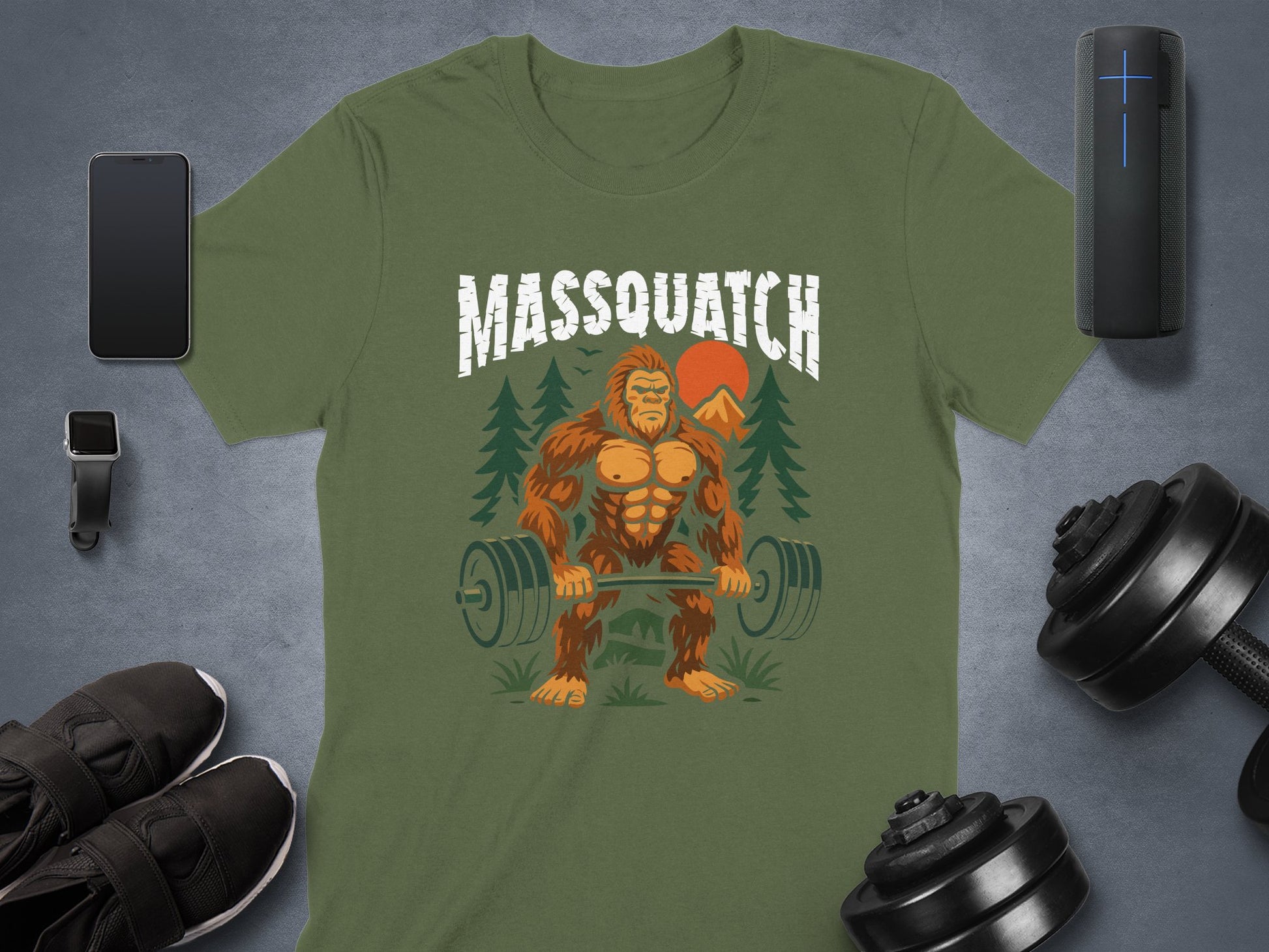 Massquatch Bigfoot Lifting Weights Graphic T-Shirt product type