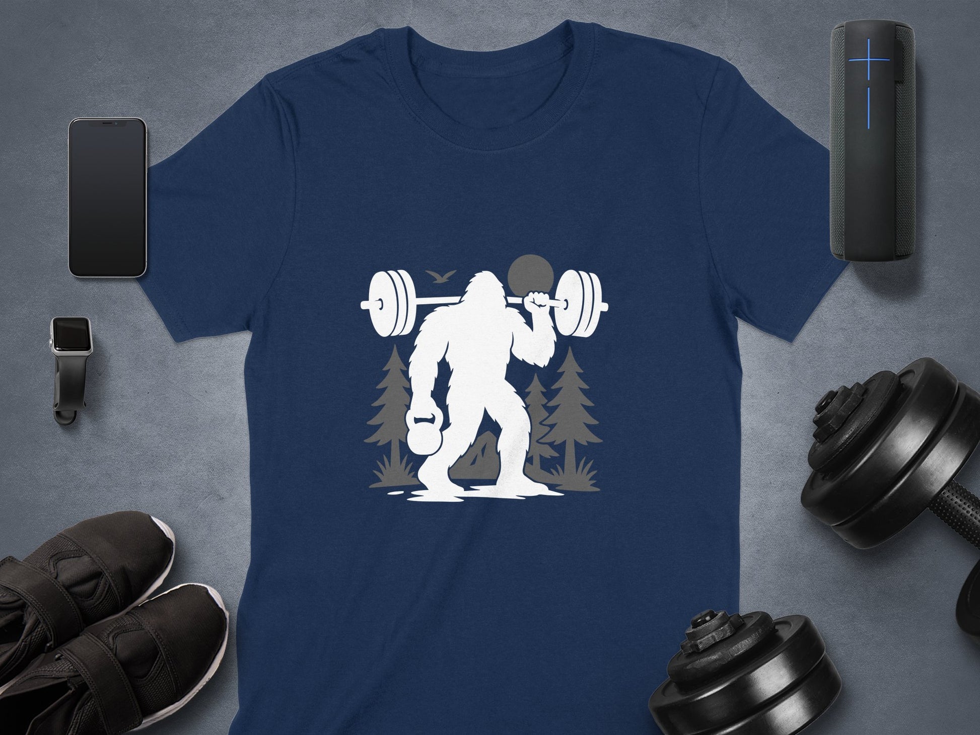 Bigfoot Weightlifting Graphic on Blue T-Shirt product type