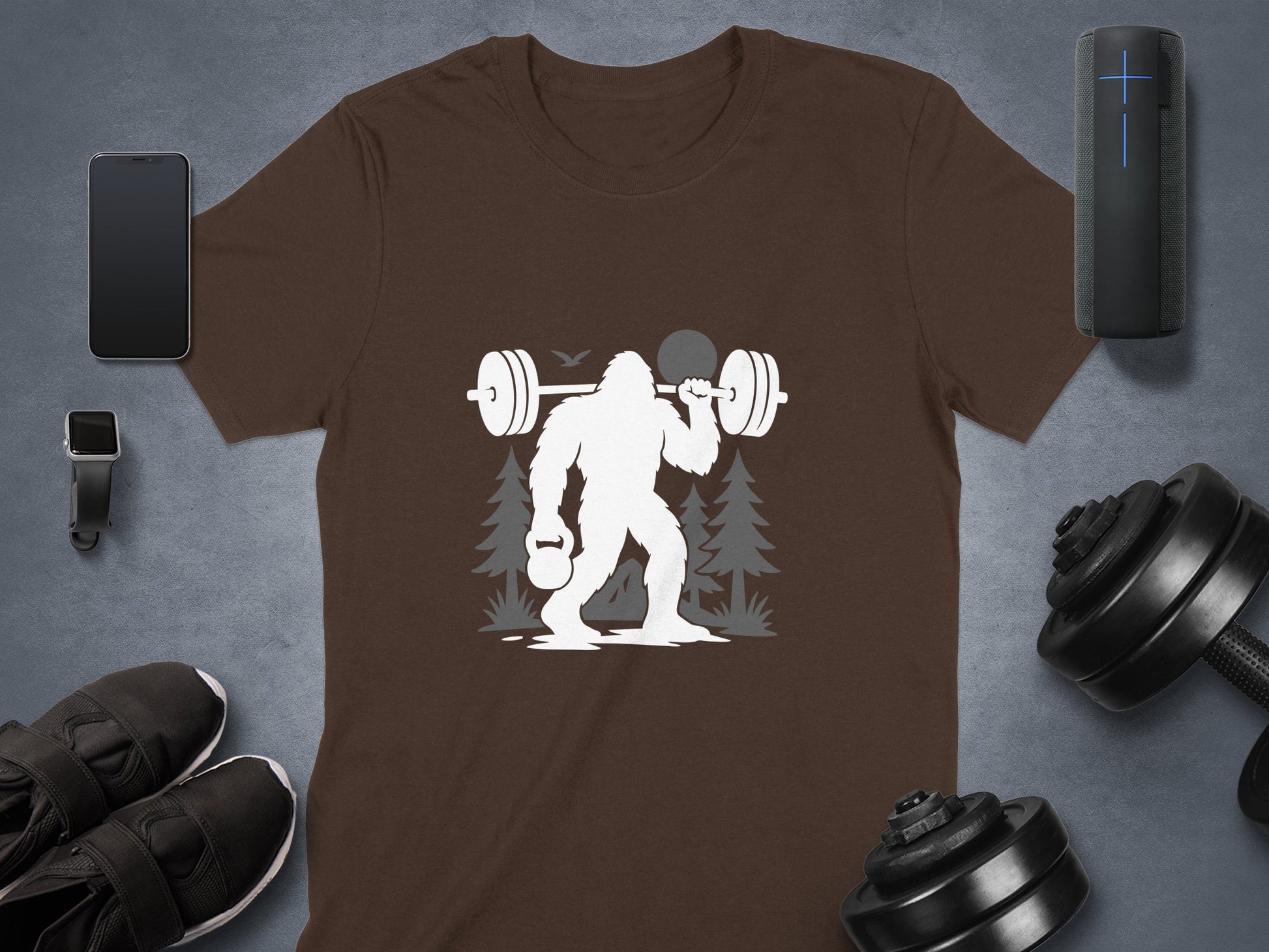 Bigfoot Lifting Weights Graphic on Brown Tshirt product
